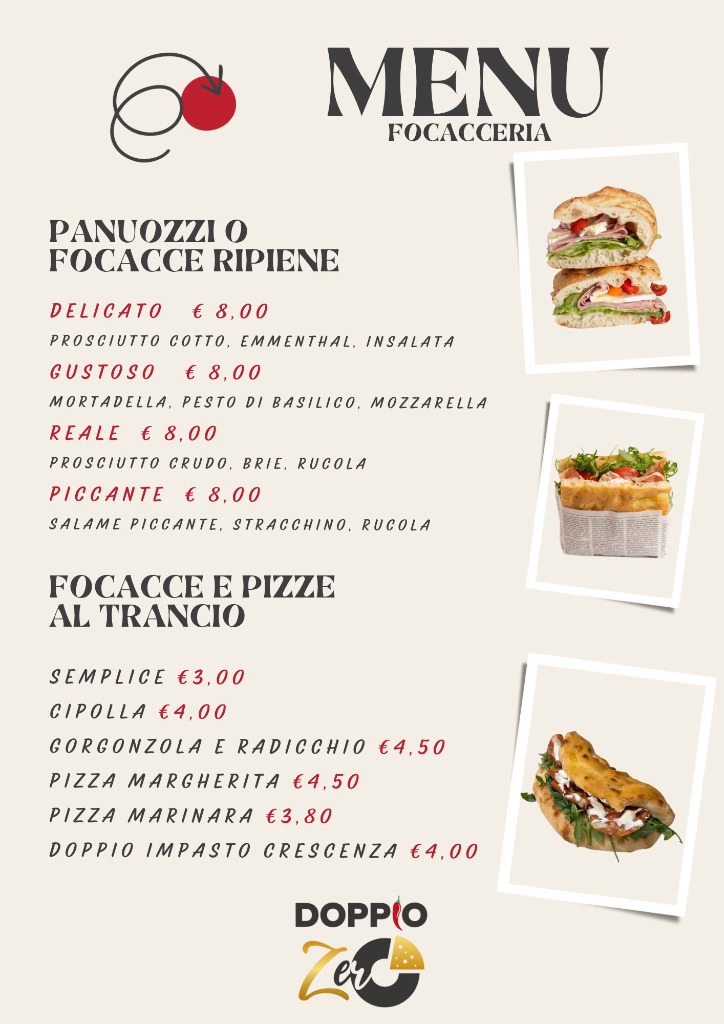 Menu focacceria: panuozzi, focacce ripiene, focacce e pizze al trancio