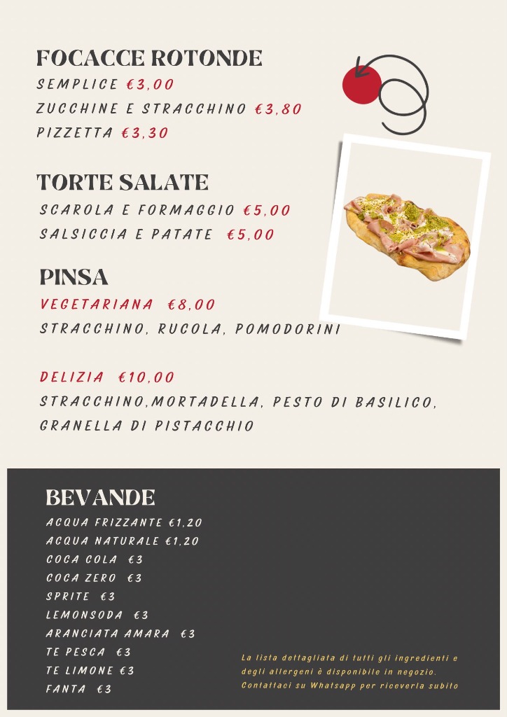 Menu focacceria: focacce rotonde, torte salate, pinsa e bevande